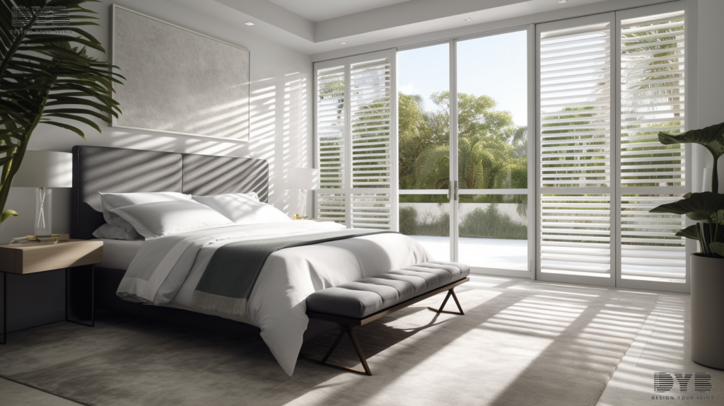 A modern bedroom in Boca Raton, Florida, featuring Plantation Shutters and a pool view.