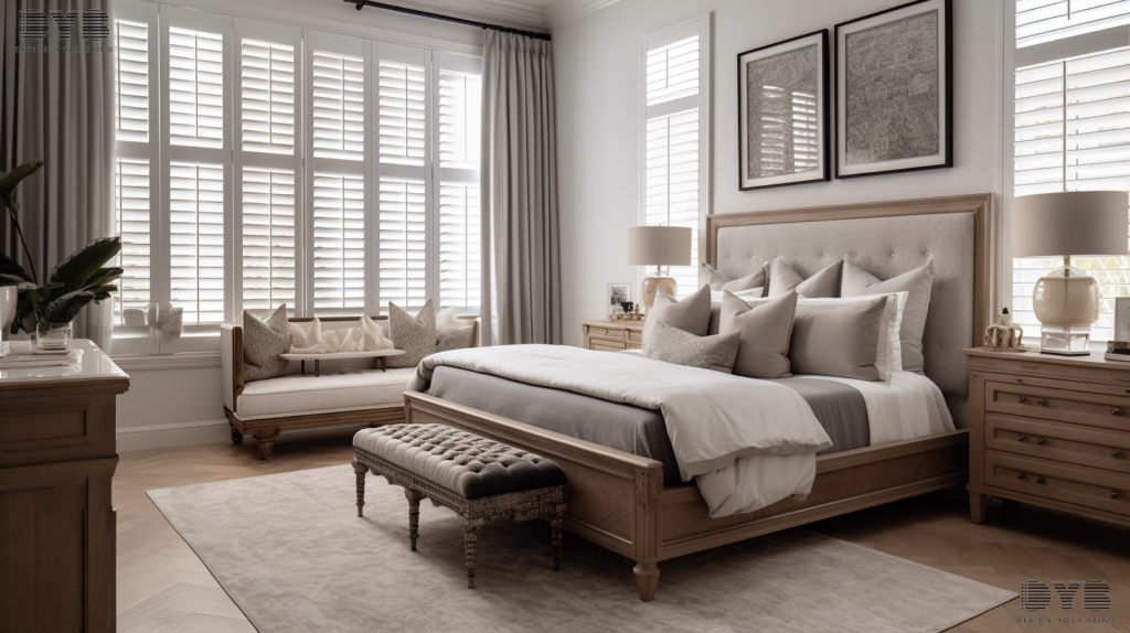 A bedroom in Boca Raton with white plantation shutters partially closed, a king-sized bed with a plush headboard, and a contemporary rug.