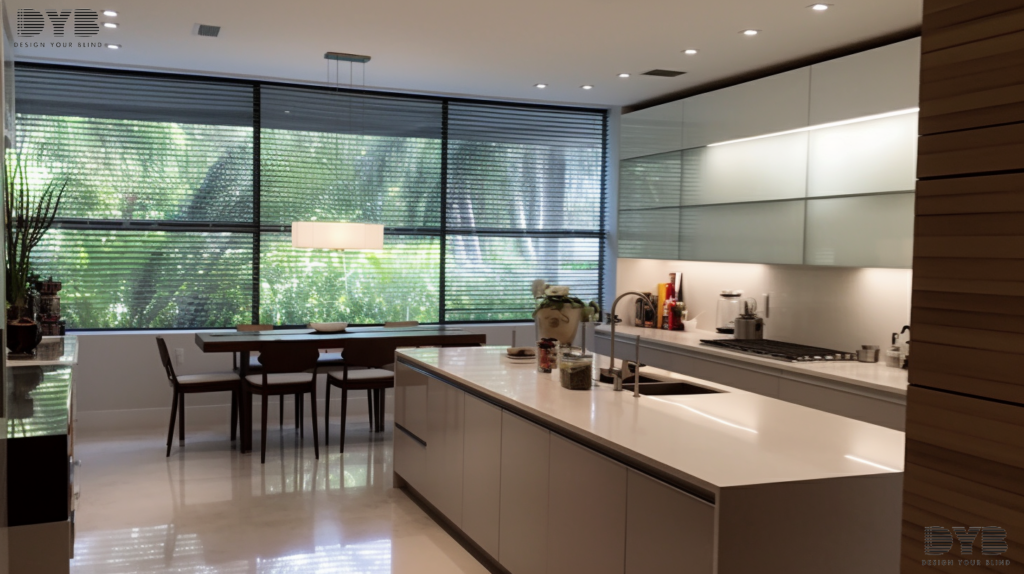 A modern kitchen with Solar Roller Shades, featuring sleek cabinetry, stainless-steel appliances, and a breathtaking view of the Intercoastal Waterway.
