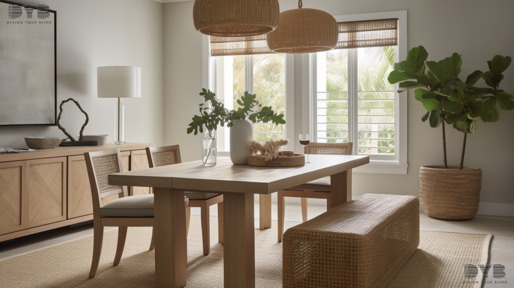 A Boynton Beach casual dining room with a fully closed woven wood shade, creating a warm and inviting ambiance, with a rustic dining table, comfortable chairs, and an Intercoastal Waterway view.