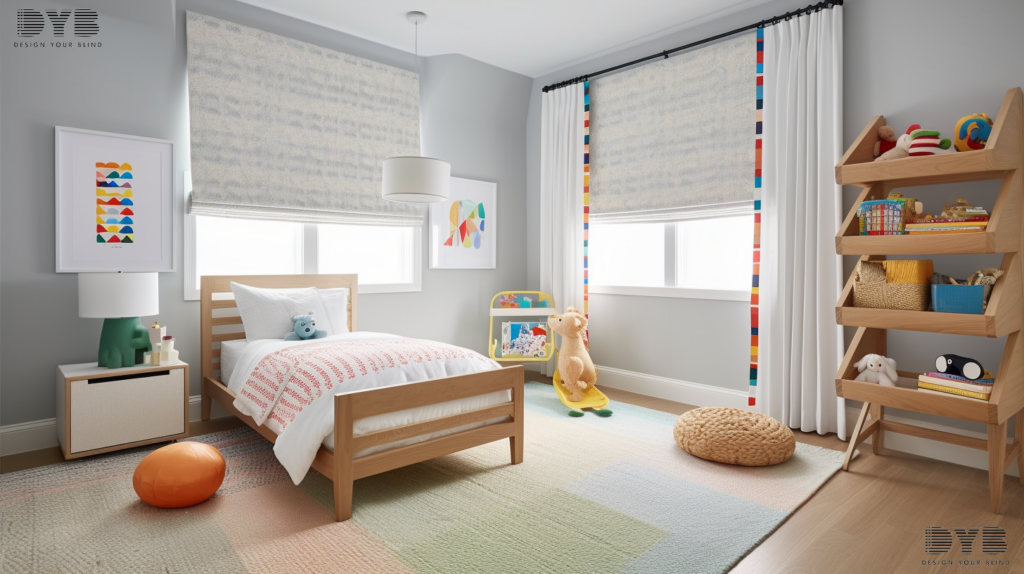 A Boynton Beach kids bedroom with a woven wood shade partially closed, with a comfortable bed, a playful rug, and a golf course view.