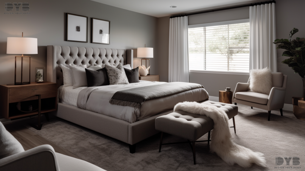 A bedroom in Parkland, FL, with Roman Shades, a king-sized bed, and a reading nook with a comfortable armchair.