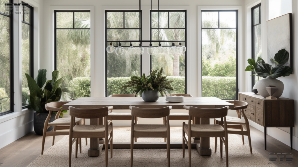 A dining room in Parkland, FL, with Roman Shades, a farmhouse table, and a view of a lush garden.