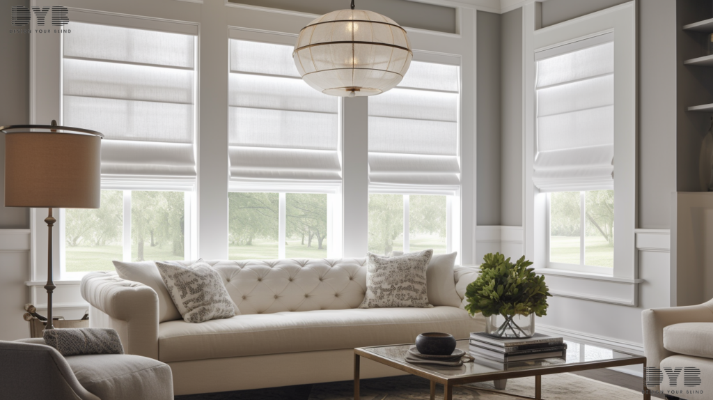 A close-up shot of a window with Roman Shades in Parkland, FL, and a white sofa in the background.