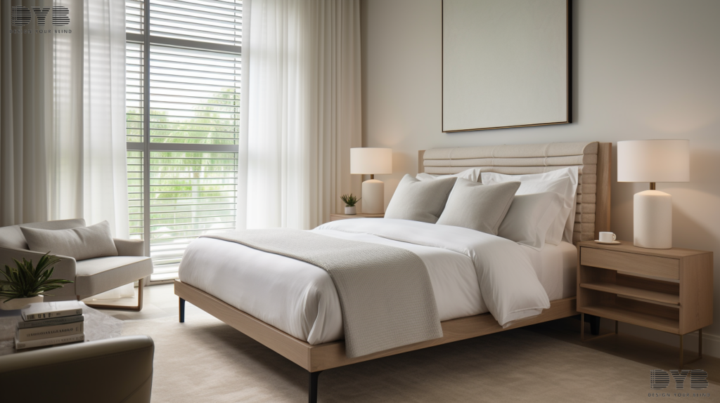 A Boynton Beach guest bedroom with a fully closed woven wood shade, a plush bed, a modern side table, a stylish floor lamp, and a backyard view.