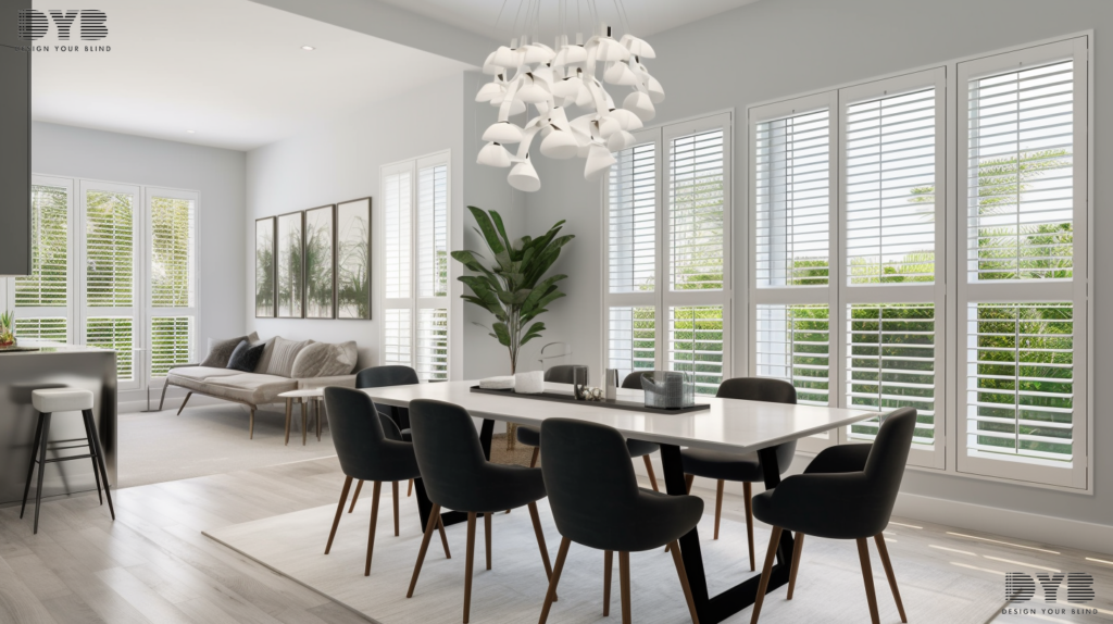 A modern dining room in Boca Raton with white plantation shutters, a glass-top dining table, and chairs.