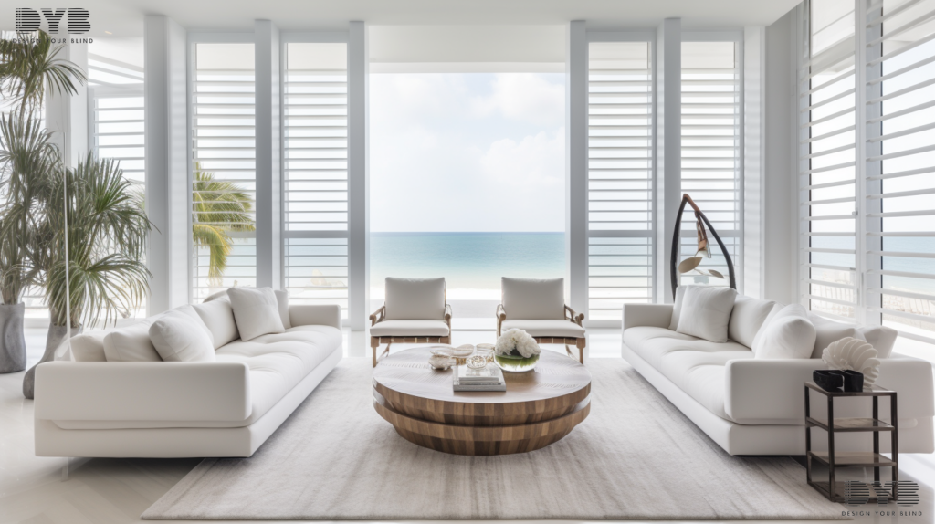 A modern living room in Boca Raton with white plantation shutters, a white sofa, and a sleek coffee table with a sculpture.