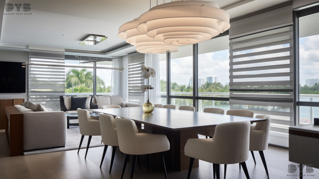 A sleek dining room with blackout roller shades, featuring a large dining table, contemporary chairs, and a stunning canal view.