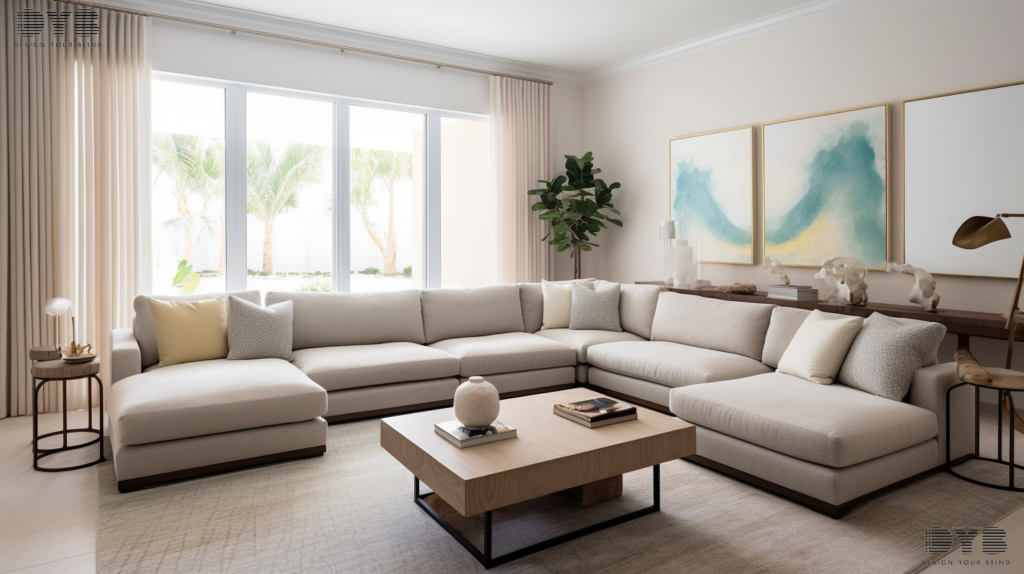 A Boynton Beach family room with a woven wood shade partially closed, creating a soft and inviting ambiance, with a modern sectional sofa, a glass coffee table, and an ocean view.
