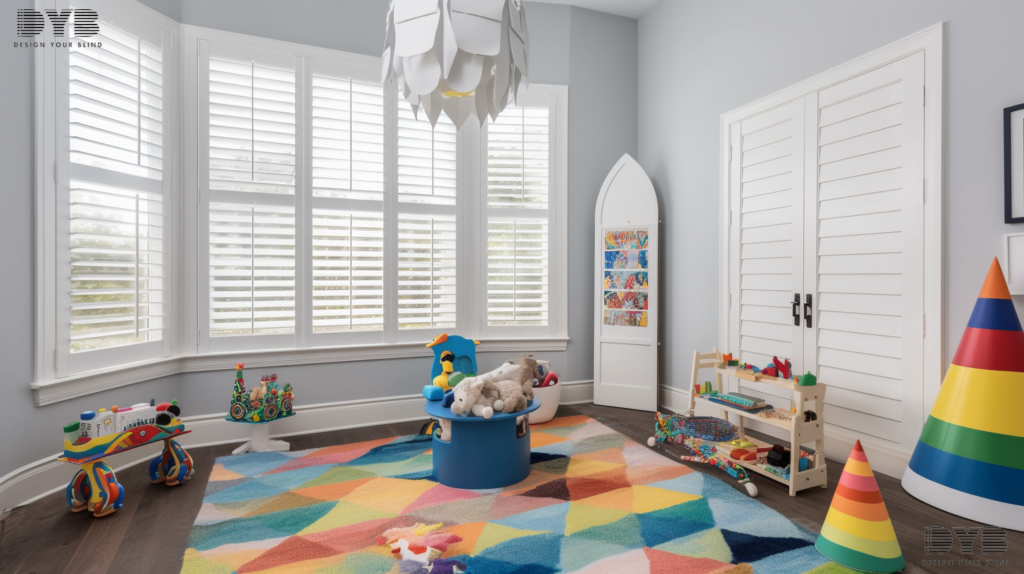 A playroom in Lighthouse Point, Florida, showcasing Plantation Shutters and a view of the Intercoastal Waterway.