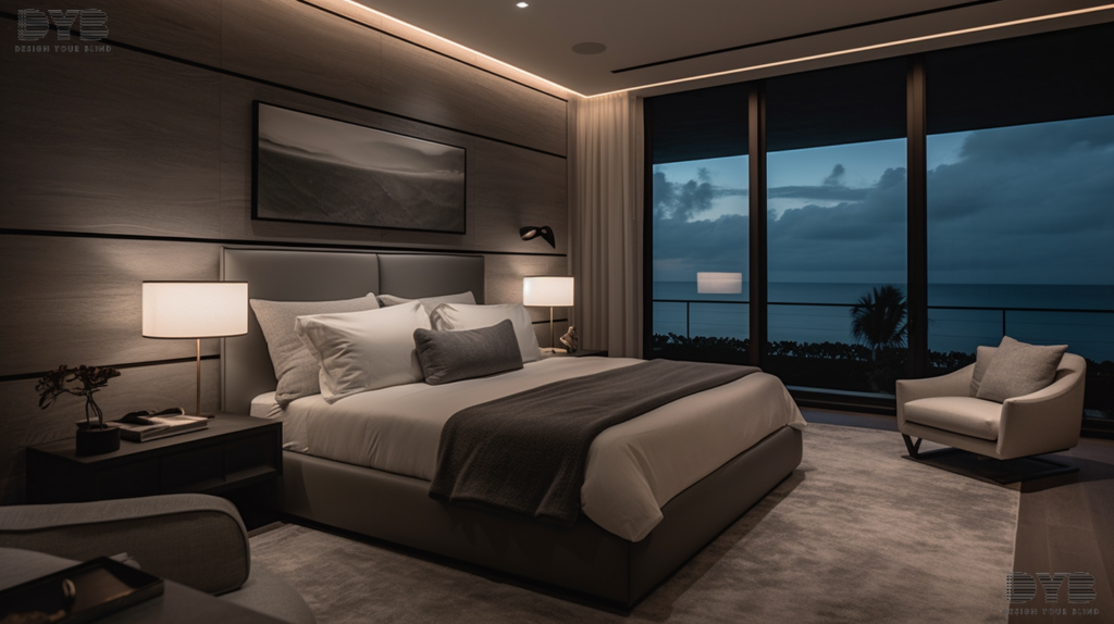 A serene and tranquil bedroom in a Delray Beach home featuring a motorized Roman Shade in a soft, creamy white fabric.