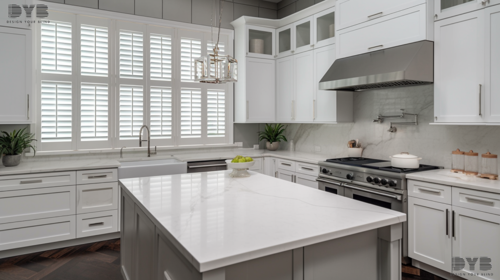 A farmhouse-style kitchen in Palm Beach Gardens, Florida, featuring Plantation Shutters and a lake view.