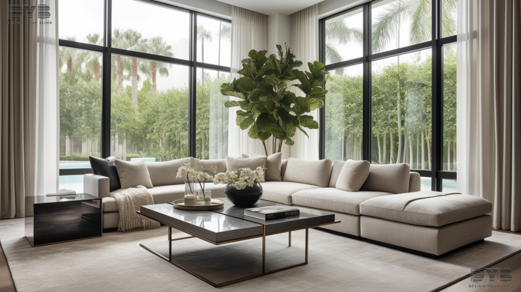 A living room in Parkland, FL, with Roman Shades, a sectional sofa, and a sculpture on the coffee table.
