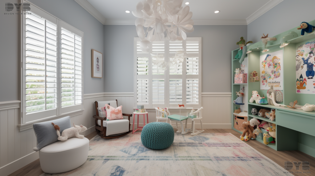 A playroom in Parkland, Florida, with Plantation Shutters closed, featuring a playset and a rug.
