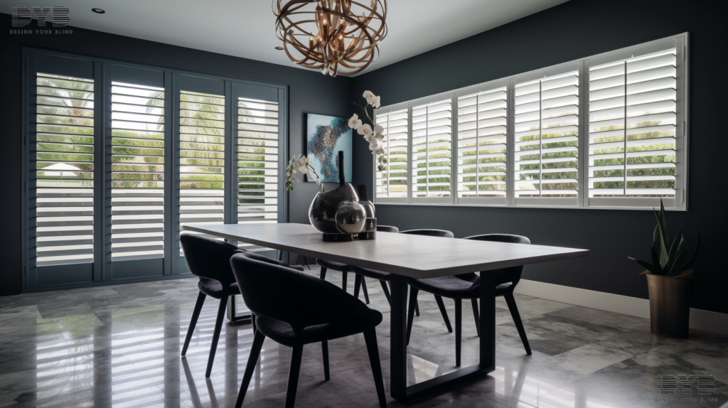 A dining room in Delray Beach, Florida, showcasing partially closed white Plantation Shutters and a pool view.