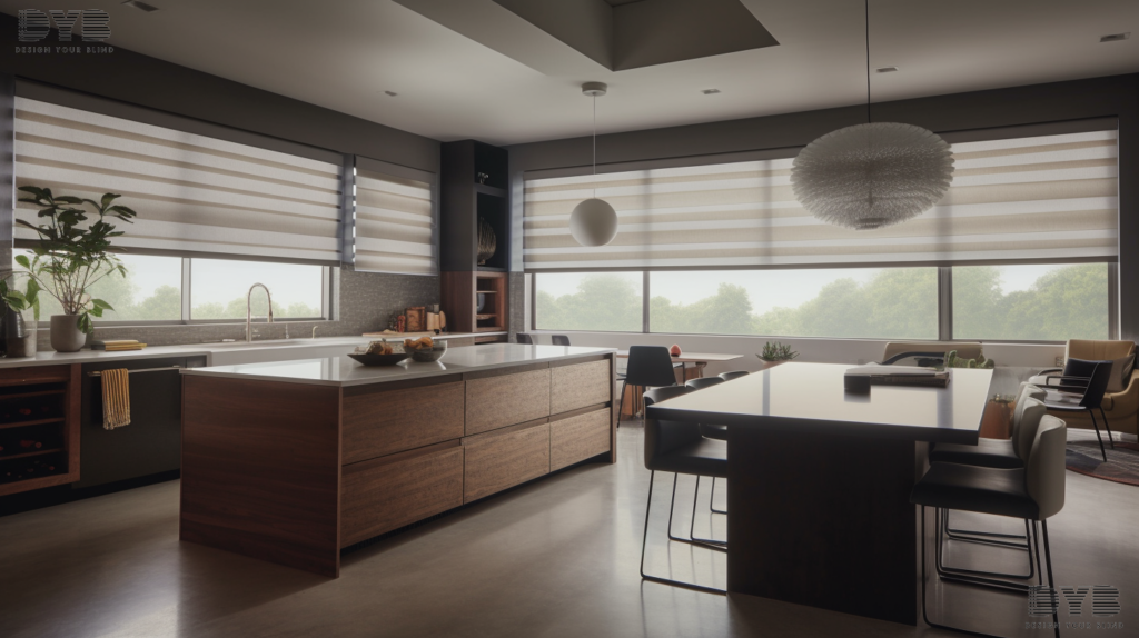 A kitchen with Screen Roller Shades in Boca Raton, Florida