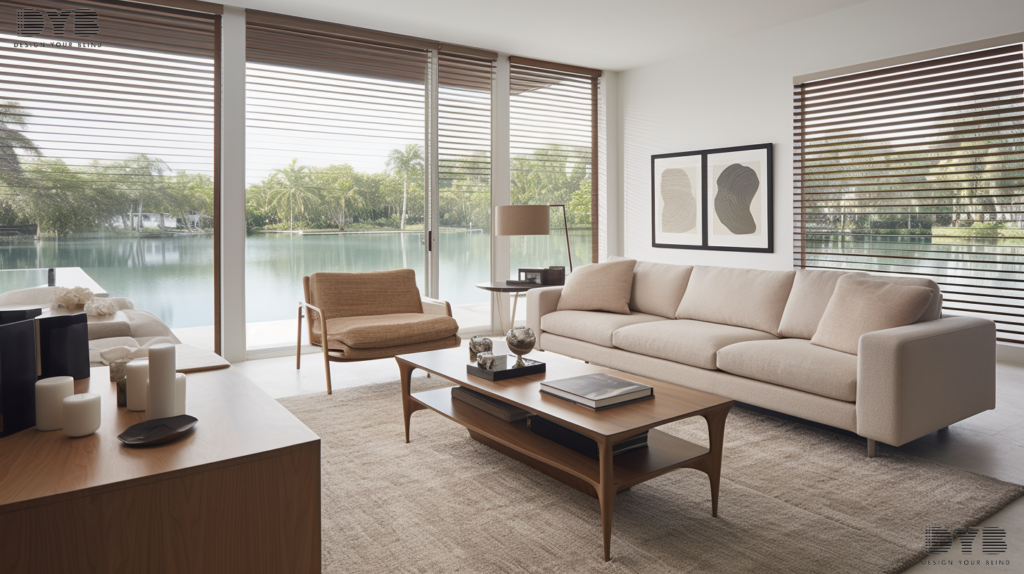 A living room with Screen Roller Shades in Boca Raton, Florida