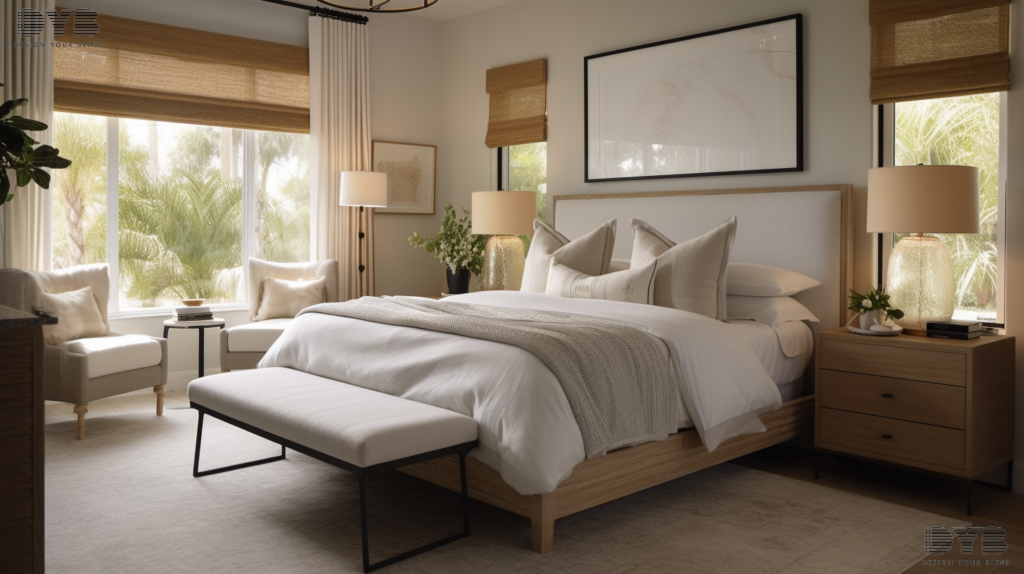 Screen Roller Shades in a farmhouse modern bedroom in Delray Beach, FL