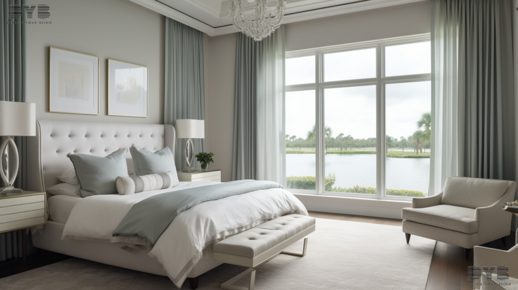A luxurious bedroom with blackout curtains, featuring a king-size bed, stylish furniture, and a serene lake view.