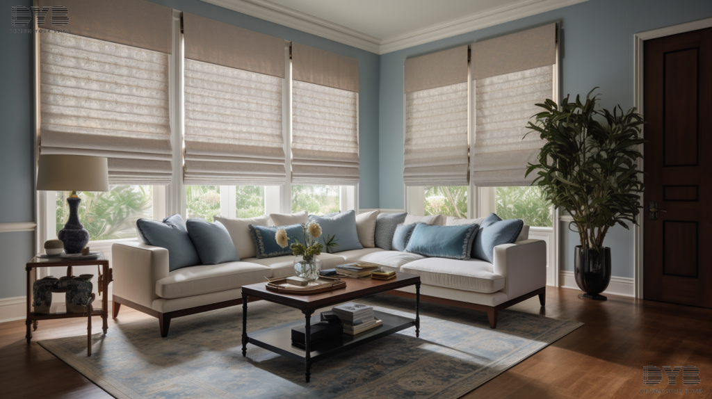 A living room in Parkland, FL, with Roman Shades, a glass sculpture, and transitional-style furniture.