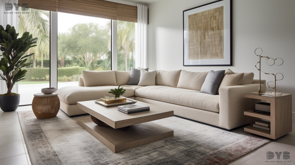 Woven Wood Shades in a contemporary living room in Delray Beach, Florida