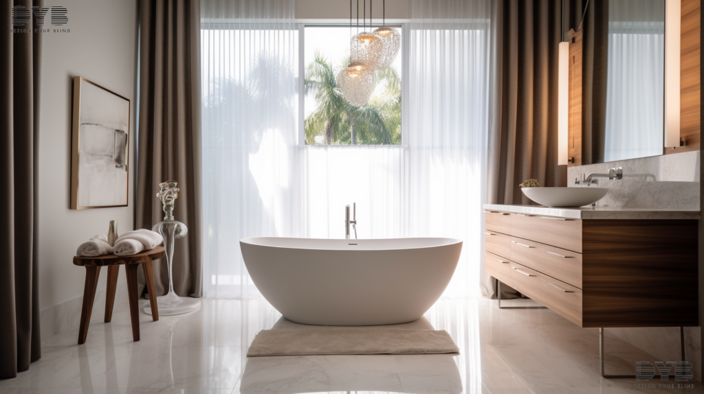 A luxurious bathroom with Sheer Curtains