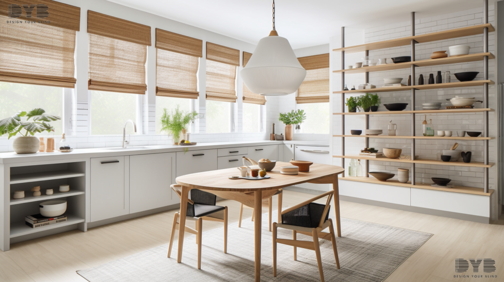 A modern farmhouse kitchen with Designer Banded Shades