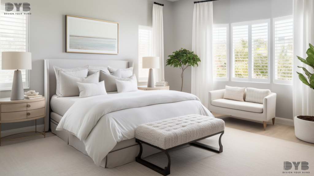 A coastal-style bedroom in Delray Beach featuring partially open aluminum blinds, creating a light and airy ambiance.