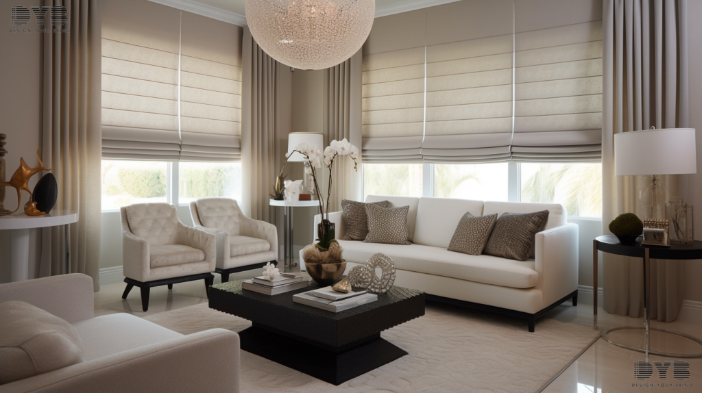 A formal living room in Boca Raton, FL, featuring Roman Shades with Contemporary fabric, casting soft shadows on the walls and furniture.