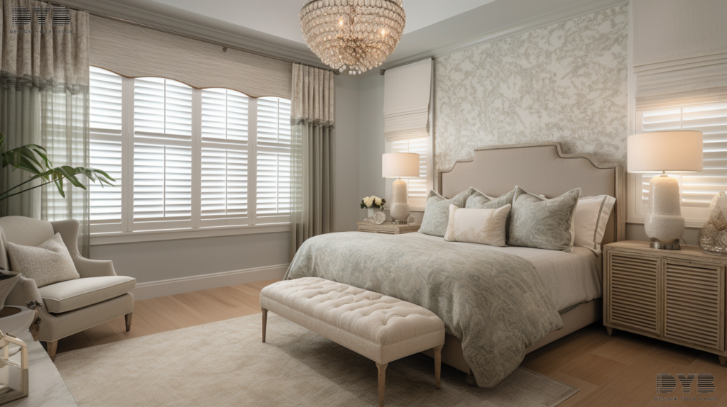 A master bedroom in Boca Raton, FL, featuring Roman Shades with Texture fabric, partially closed, creating a calming and inviting atmosphere.