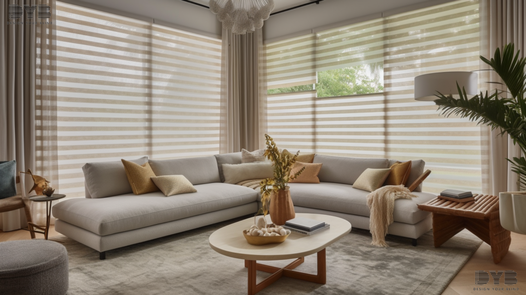 Roman Shades with Sheer fabric in a West Palm Beach Family Room
