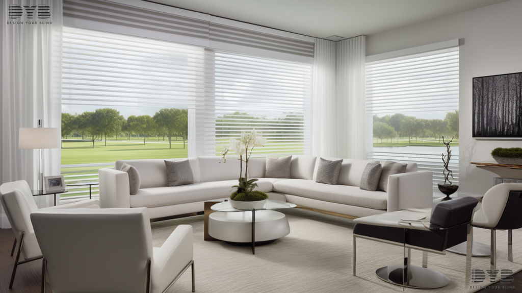 A spacious living room in Delray Beach with white aluminum blinds, showcasing a contemporary design aesthetic.