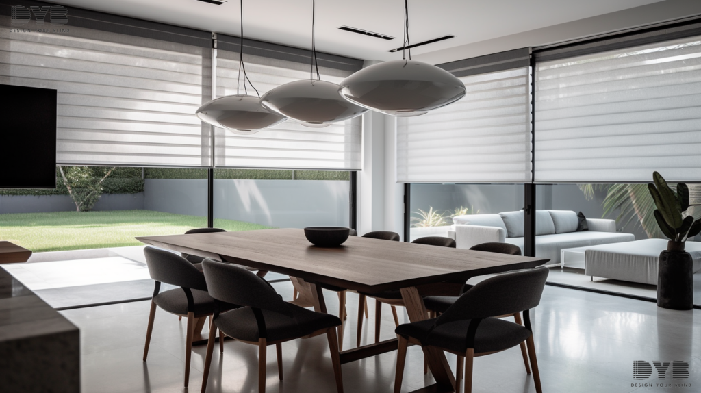 Minimalist dining room with Pirouette Shades in Lighthouse Point, Florida