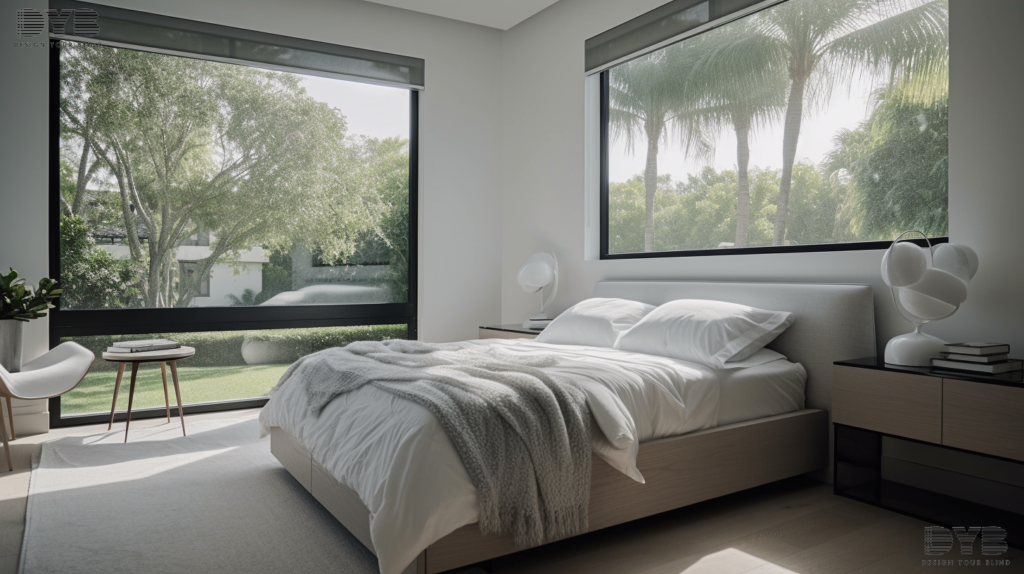 Minimalist guest bedroom with Pirouette Shades in Lighthouse Point, Florida