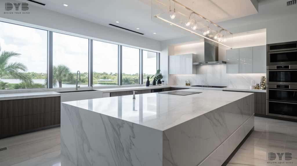 Modern kitchen with Pirouette Shades in Lighthouse Point, Florida