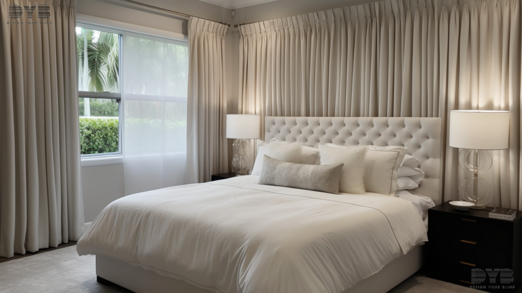 A luxurious bedroom in Palm Beach Gardens, FL, featuring motorized pinch pleat curtains, adding a touch of modern convenience.