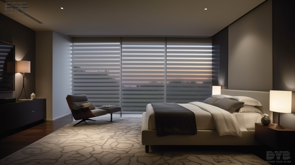 Minimalist bedroom in Parkland, FL, with motorized Pirouette Shades