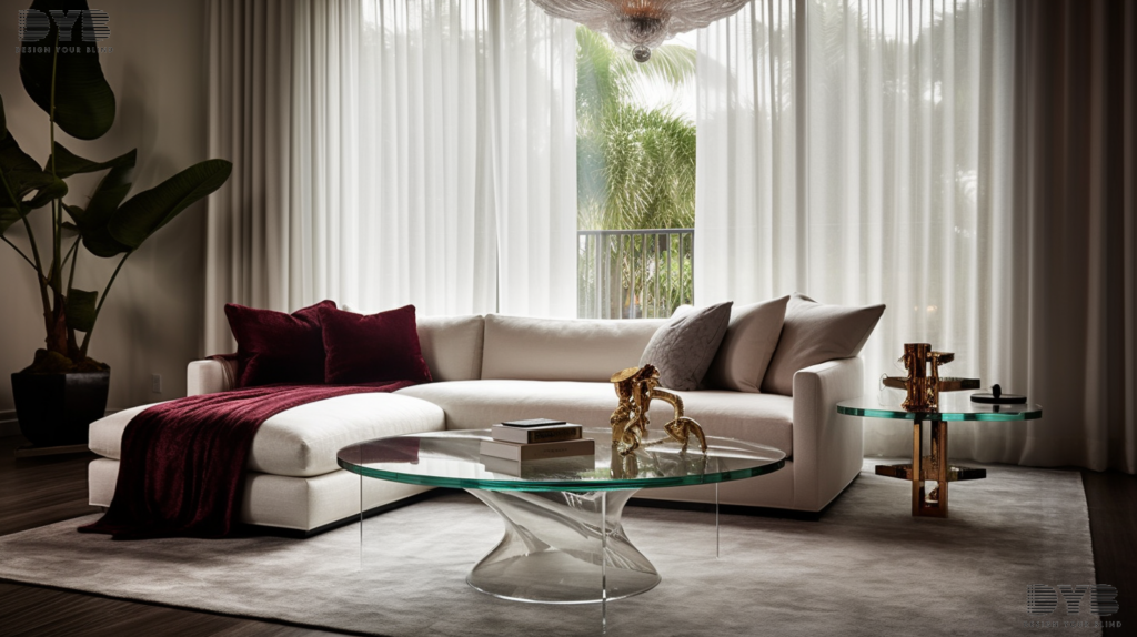 A luxurious living room in Palm Beach Gardens, FL, with pinch pleat curtains adding a touch of elegance.