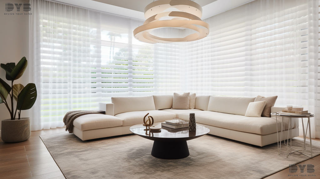 Modern living room in Parkland, FL, with Pirouette Shades