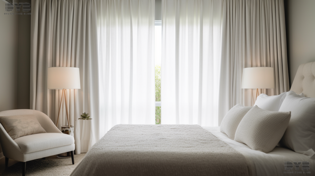 A close-up shot of pinch pleat curtains in a bedroom in Palm Beach Gardens, FL.