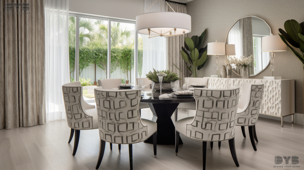 A spacious dining room in Palm Beach Gardens, FL, featuring pinch pleat curtains, adding a touch of elegance to the modern design.