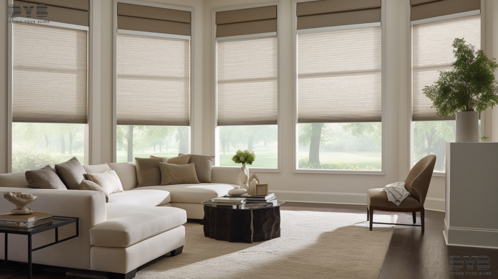 A family room in Boca Raton, FL, with Roman Shades with Damask fabric, partially closed, creating a warm and inviting atmosphere.
