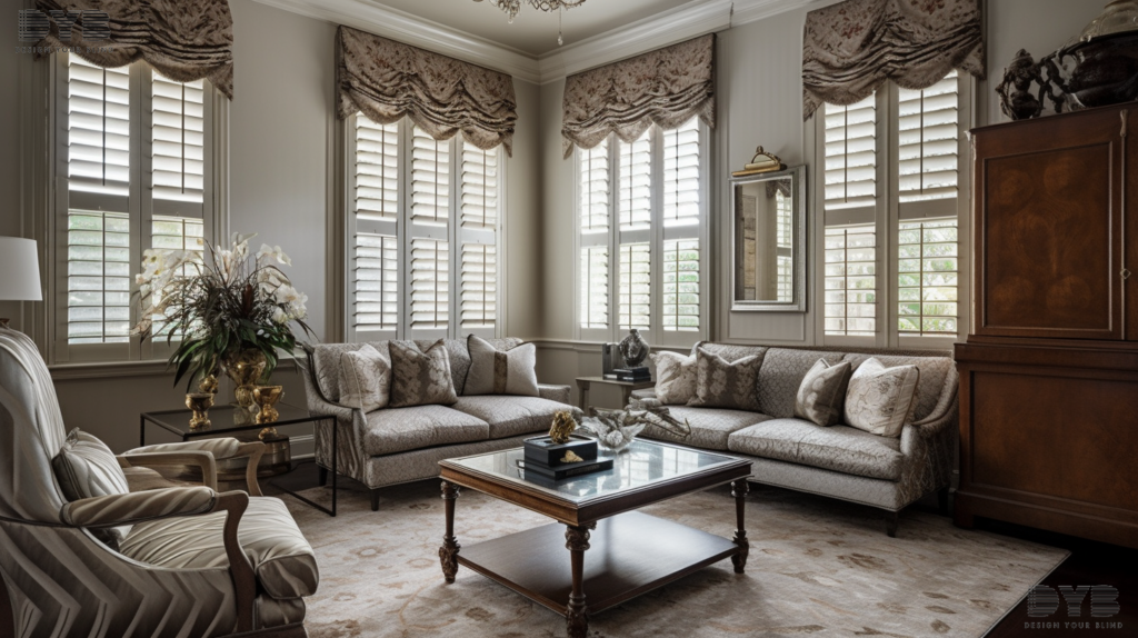 A formal living room in Boca Raton, FL, with Roman Shades with Floral fabric, partially closed, creating a warm and inviting ambiance.