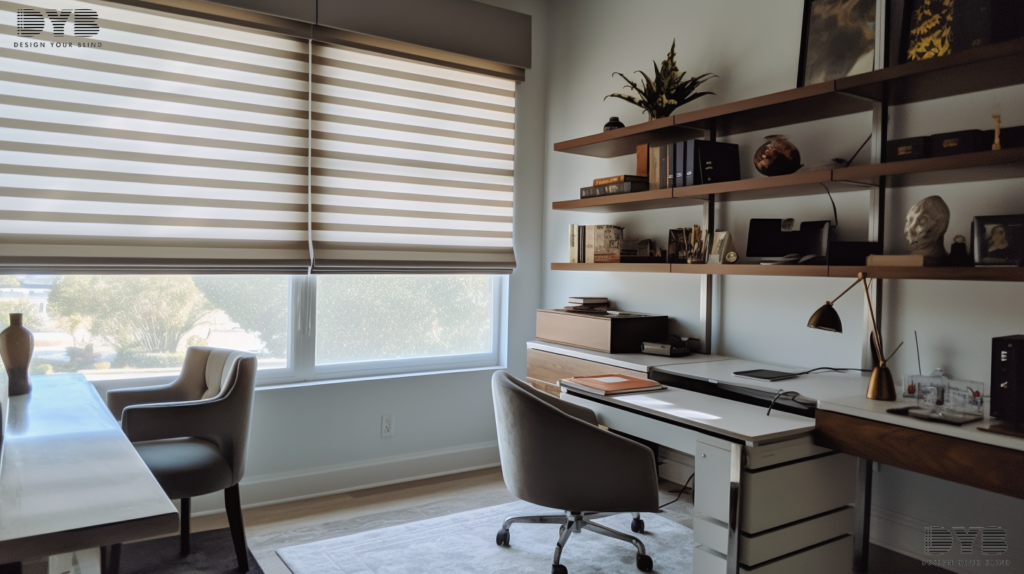 A home office in Boca Raton, FL, featuring Roman Shades with Paisley fabric, fully closed, creating a focused and stylish work environment.