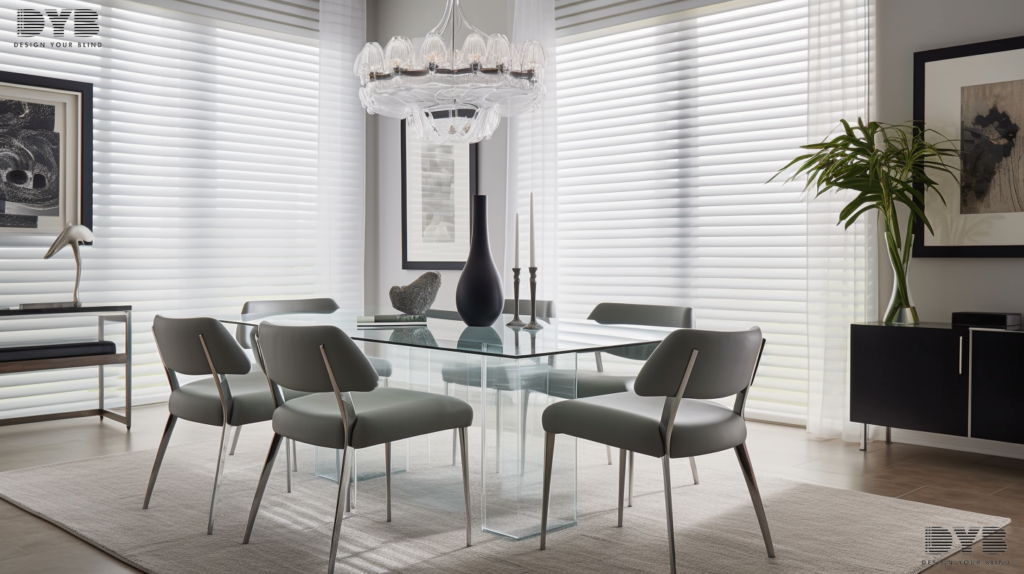 Modern dining room in Boca Raton, FL, featuring aluminum blinds on a large window.