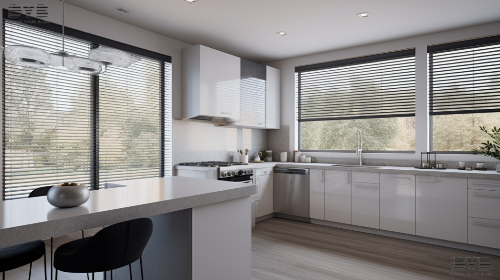 Aluminum blinds in a Parkland home with a close-up view of the slats and a glimpse of a lush tropical garden.