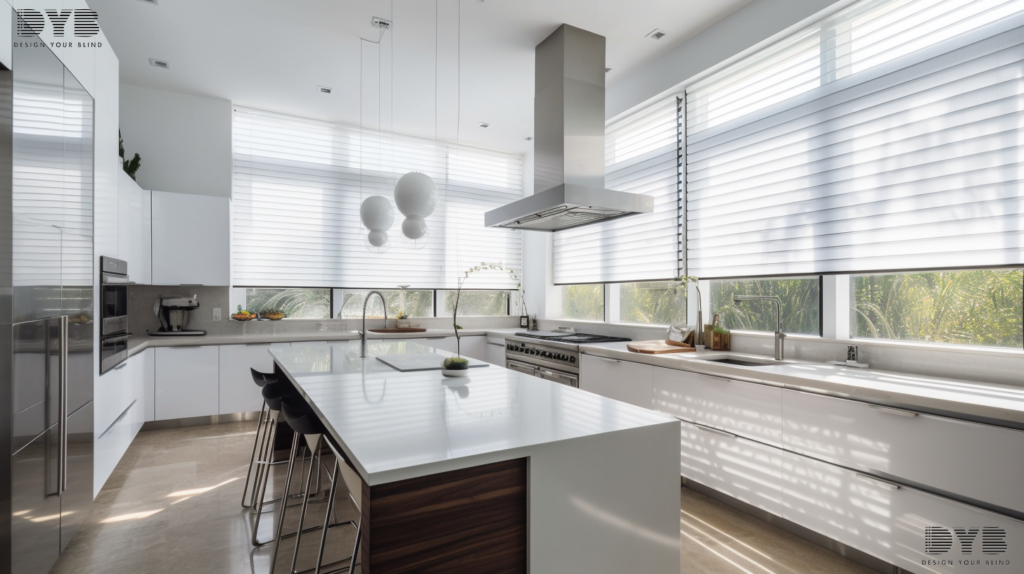 Modern kitchen in Boca Raton, FL, featuring aluminum blinds on a large window.
