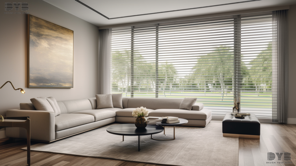 Aluminum blinds in a Parkland dining room with a modern dining set and partially closed blinds.