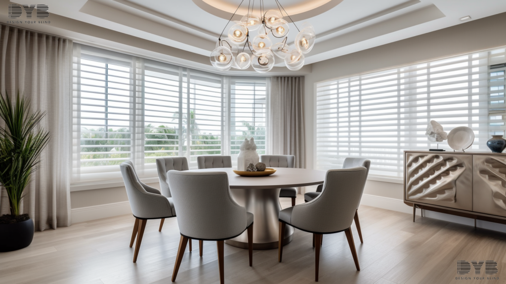 A dining room in Boca Raton, FL, featuring a coastal design with furniture from Mitchell Gold + Bob Williams. The windows are adorned with partially closed Silhouette Shades, allowing for a controlled stream of natural light to fill the room.