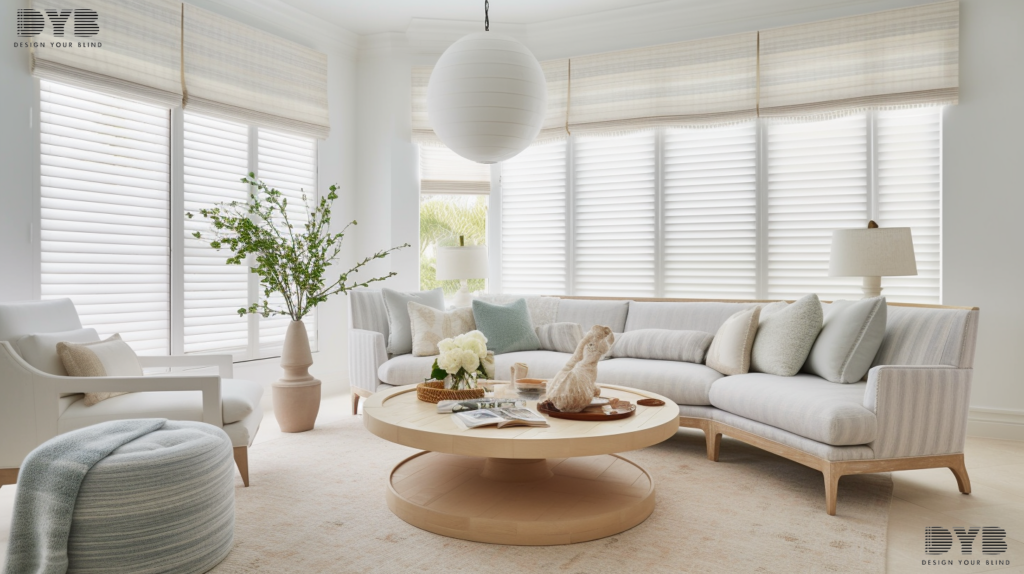 A bright and airy family room with motorized Pirouette Shades, comfortable furniture, a natural wood coffee table, and a woven rug.